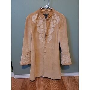 Vintage Jerry Lewis Classic Luxury Embroidered Suede Trench Coat‎ Small